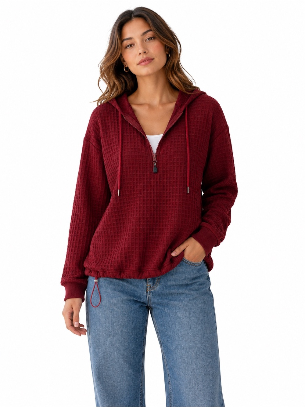 Burgundy Waffle Half-Zip Hoodie (New/Unworn)